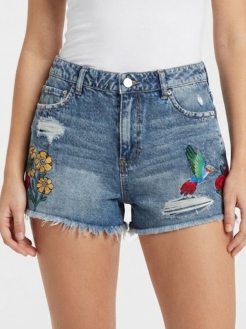 Embroidered Light Blue Denim Shorts with Floral & Hummingbird